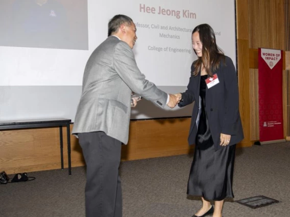 Hee Jeong Kim, an assistant professor with appointments in the departments of civil and architectural engineering and mechanics, materials science and engineering and mining and geological engineering at the University of Arizona College of Engineering.