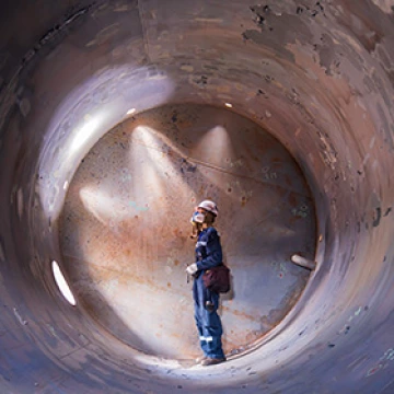 image of miner in metal shaft