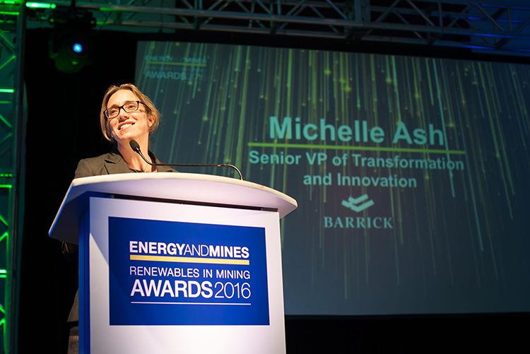 Michelle Ash delivers the keynote speech from the podium at the 2016 Energy and Mines Renewables in Mining Awards