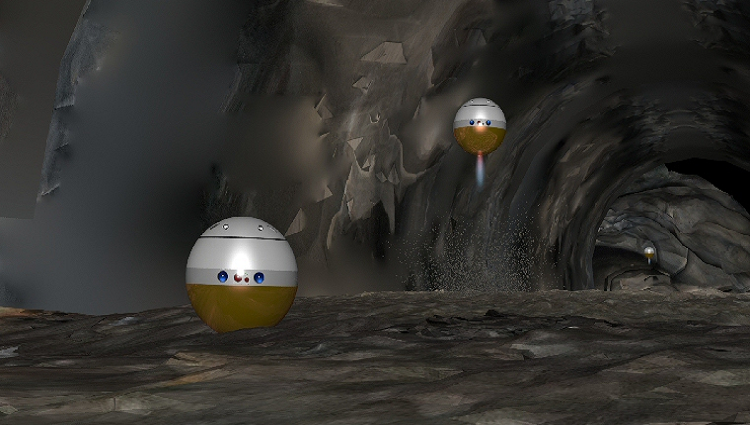 A computer illustration of two spherical robots in a rock tunnel